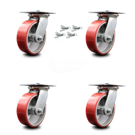 Service Caster 6 Inch Red Poly on Cast Iron Caster Set with Ball Bearings and Swivel Locks SCC-35S620-PUB-RS-BSL-4